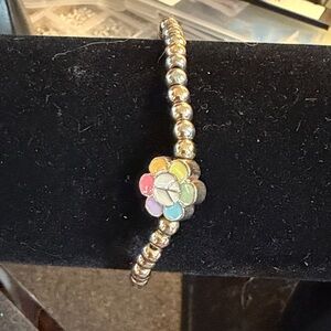 Silver Beaded Bracelet with Multicolor Flower Charm